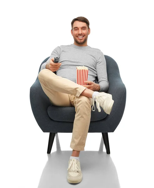 People Leisure Concept Happy Smiling Man Remote Control Popcorn Sitting — Stock Fotó