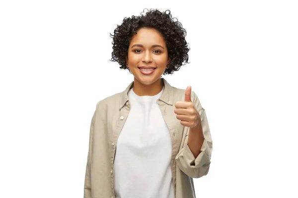 Mensen Gebaar Portret Concept Gelukkig Lachende Vrouw Shirt Tonen Duimen — Stockfoto