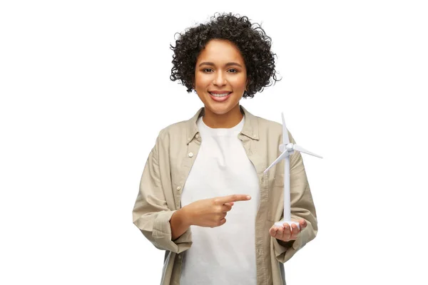 Sustainable Energy Power People Concept Happy Smiling Woman Showing Toy — Stockfoto