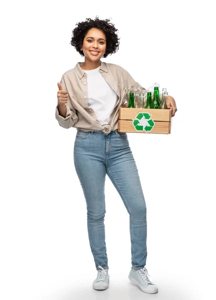 Recycling Waste Sorting Sustainability Concept Happy Smiling Woman Holding Wooden — 图库照片
