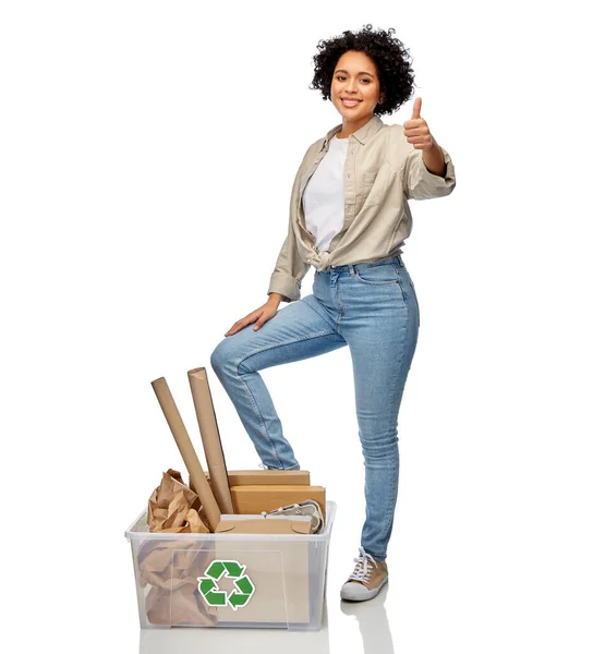 Recycling Waste Sorting Sustainability Concept Happy Smiling Woman Holding Paper — Zdjęcie stockowe