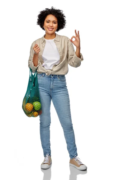 Sustainability Food Shopping Eco Friendly Concept Happy Smiling Woman Holding — Zdjęcie stockowe