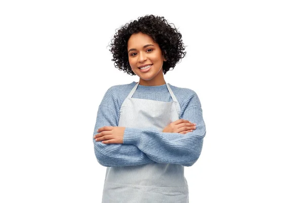 Cozinha Culinária Conceito Pessoas Mulher Sorridente Feliz Avental Sobre Fundo — Fotografia de Stock