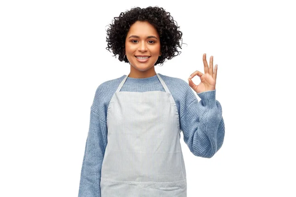 Cooking Culinary People Concept Happy Smiling Woman Apron Showing Gesture — Stockfoto