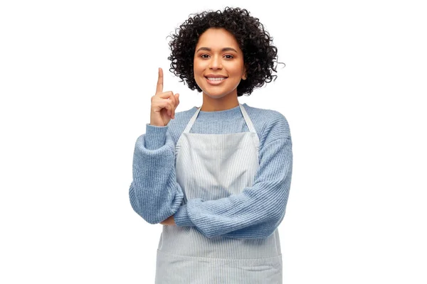 Cooking Culinary People Concept Happy Smiling Woman Apron Pointing Finger — 图库照片