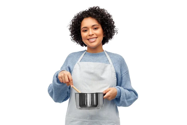 Culinary People Concept Happy Smiling Woman Apron Saucepan Cooking Food — Stock fotografie