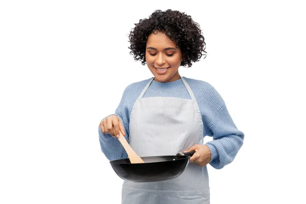 Cooking Food Culinary People Concept Happy Smiling Woman Apron Frying — Stockfoto