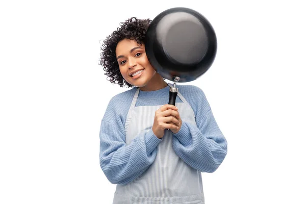 Cooking Culinary People Concept Happy Smiling Woman Apron Frying Pan — 图库照片