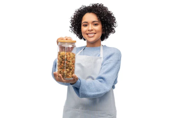 Cozinha Culinária Conceito Pessoas Mulher Sorridente Feliz Frasco Avental Segurando — Fotografia de Stock