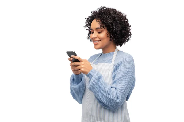 Cooking Culinary People Concept Happy Smiling Woman Apron Smartphone White — Stock Photo, Image