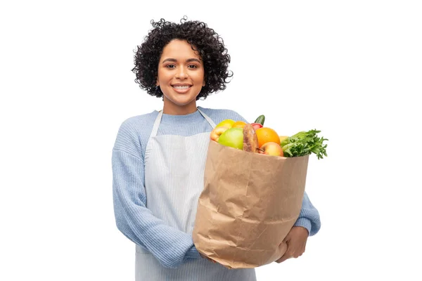 Koken Levering Mensen Concept Gelukkig Lachende Vrouw Schort Met Afhaalmaaltijden — Stockfoto