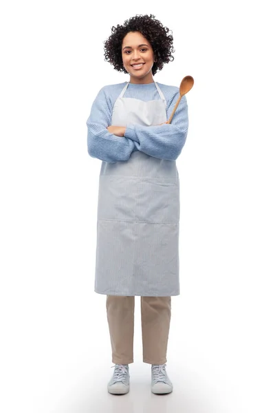 Cooking Culinary People Concept Happy Smiling Woman Apron Wooden Spoon — Stock Photo, Image