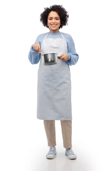 Culinary People Concept Happy Smiling Woman Apron Saucepan Cooking Food — Zdjęcie stockowe