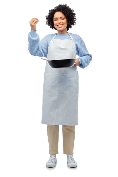 Culinary People Concept Happy Smiling Woman Apron Frying Pan Cooking — Zdjęcie stockowe