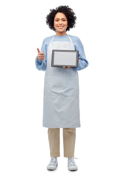 Koken Culinair Mensen Concept Vrolijke Lachende Vrouw Schort Met Tablet — Stockfoto