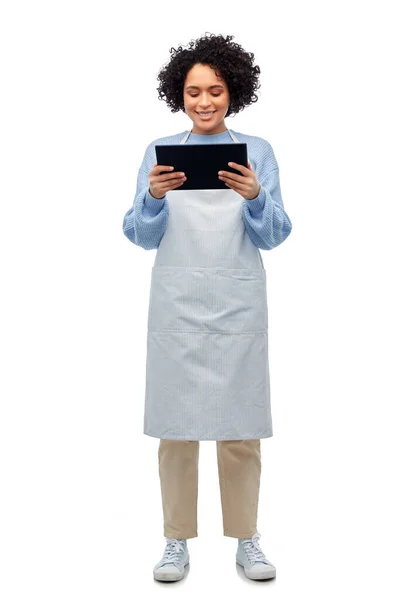 Koken Culinair Mensen Concept Vrolijke Lachende Vrouw Schort Met Tablet — Stockfoto