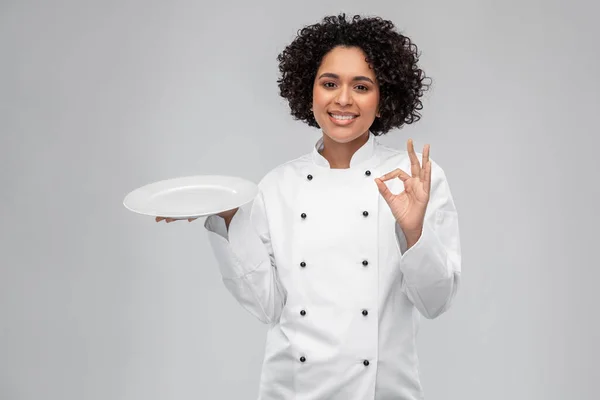 Cooking Culinary People Concept Happy Smiling Female Chef White Jacket —  Fotos de Stock