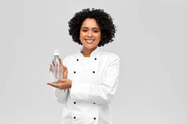 Cooking Culinary People Concept Happy Smiling Female Chef Hand Sanitizer — 图库照片