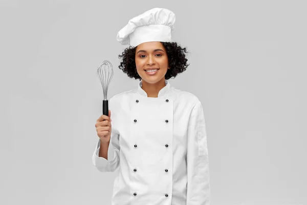 Cooking Culinary People Concept Happy Smiling Female Chef Toque Whisk — Zdjęcie stockowe