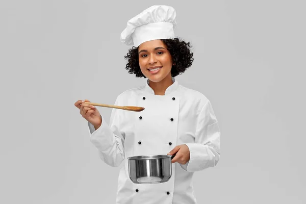 Culinary People Concept Happy Smiling Female Chef Toque Saucepan Cooking — 图库照片