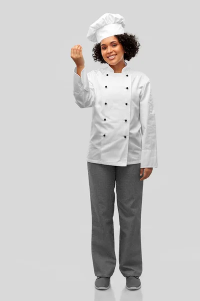 Cooking Culinary People Concept Happy Female Chef White Jacket Showing — Stock Photo, Image