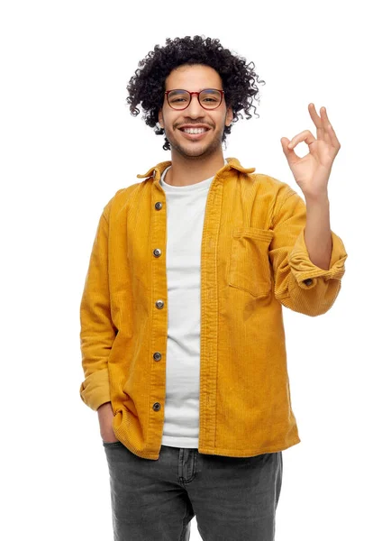 People Fashion Concept Happy Smiling Man Glasses Yellow Jacket Showing — Fotografie, imagine de stoc