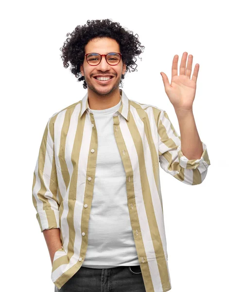 People Fashion Concept Happy Smiling Man Glasses Waving Hand White — Foto de Stock