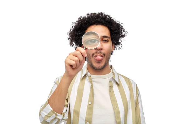 Investigation Discovery Vision Concept Happy Man Looking Magnifying Glass Showing —  Fotos de Stock