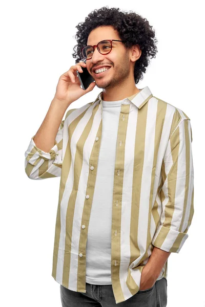 People Communication Technology Concept Happy Smiling Man Glasses Calling Smartphone — ストック写真