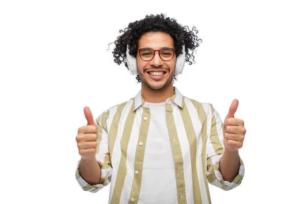 Music Technology People Concept Happy Smiling Young Man Headphones Showing — Stock Photo, Image