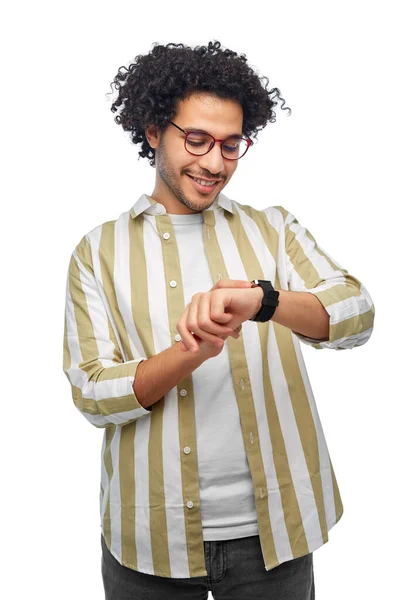 Technology People Concept Smiling Young Man Glasses Setting Smart Watch — Stockfoto