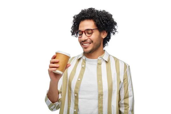 Drinks People Concept Smiling Young Man Glasses Takeaway Coffee Cup — Stock Photo, Image