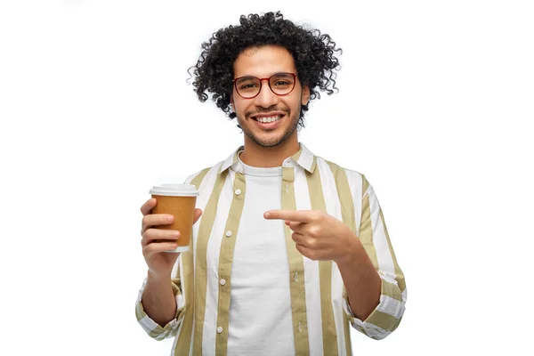 Drinks People Concept Smiling Young Man Glasses Showing Takeaway Coffee — Stok fotoğraf