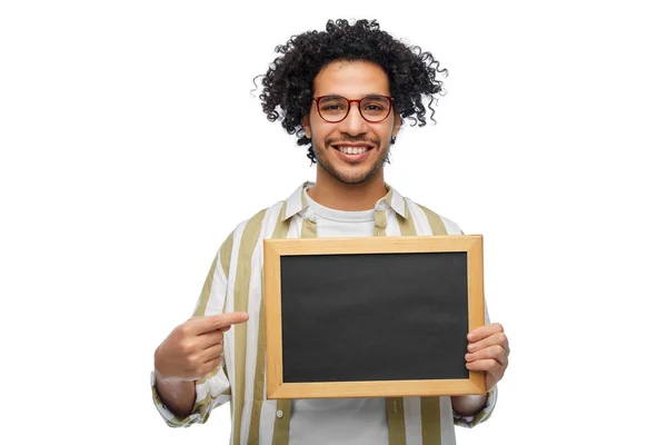 People Concept Smiling Young Man Glasses Holding Chalkboard White Background — Photo