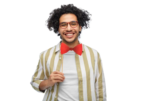 Party Props Photo Booth People Concept Smiling Young Man Red — Stock Photo, Image