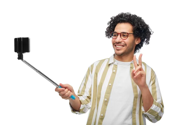 People Concept Happy Smiling Young Man Glasses Taking Picture Smartphone — Fotografia de Stock