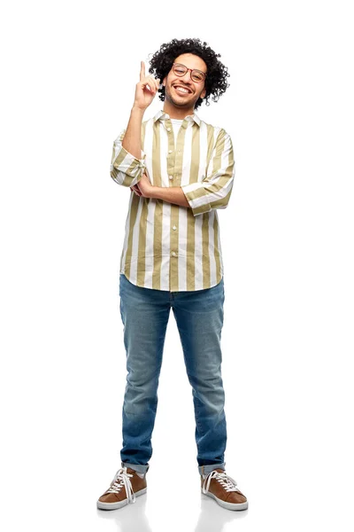 People Fashion Concept Happy Smiling Man Glasses Pointing Finger White — Stock Photo, Image