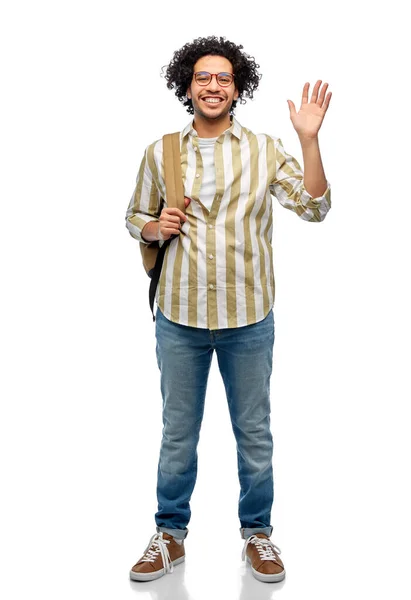 Travel Fashion Education Concept Happy Smiling Man Glasses Backpack Waving — Stock fotografie