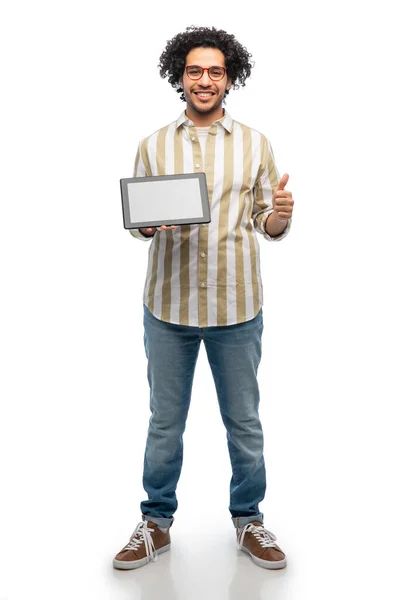 Technology People Concept Happy Young Man Glasses Tablet Computer Showing — Fotografia de Stock