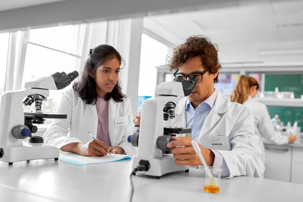 Conceito Pesquisa Científica Trabalho Pessoas Equipe Internacional Cientistas Com Microscópios — Fotografia de Stock