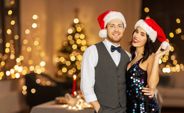 Celebration People Holidays Concept Happy Couple Santa Hats Christmas New — Stockfoto