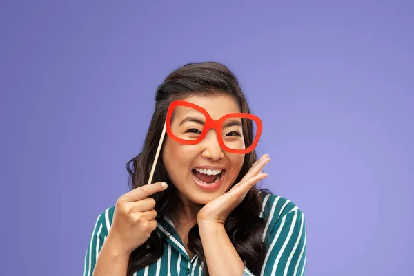 Party Props Photo Booth People Concept Happy Woman Big Glasses —  Fotos de Stock