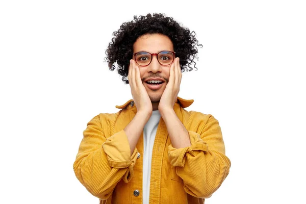 People Emotion Expression Concept Happy Smiling Man Glasses Yellow Jacket — Stock Photo, Image