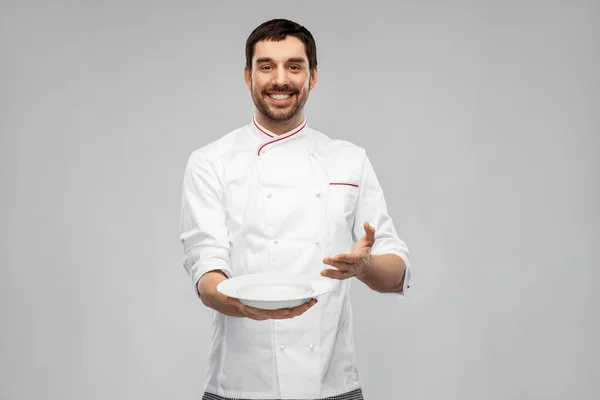 Cooking Culinary People Concept Happy Smiling Male Chef Holding Empty — Photo