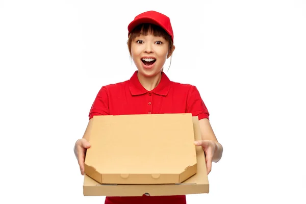 Food Service Job Concept Happy Smiling Delivery Woman Red Uniform — Fotografia de Stock