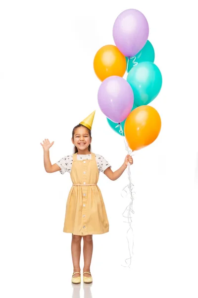 Urodziny Dzieciństwo Koncepcja Ludzi Portret Uśmiechniętej Dziewczynki Sukience Kapeluszu Imprezowym — Zdjęcie stockowe