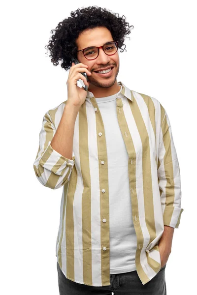 People Communication Technology Concept Happy Smiling Man Glasses Calling Smartphone Stockfoto