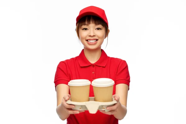 Service Job Concept Happy Smiling Delivery Woman Red Uniform Takeaway Fotos de stock