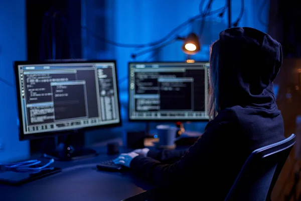 Cybercrime Hacking Technology Concept Female Hacker Dark Room Writing Code — Foto de Stock