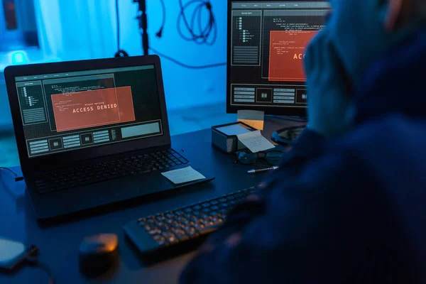 Cybercrime Hacking Technology Concept Close Male Hacker Dark Room Using —  Fotos de Stock